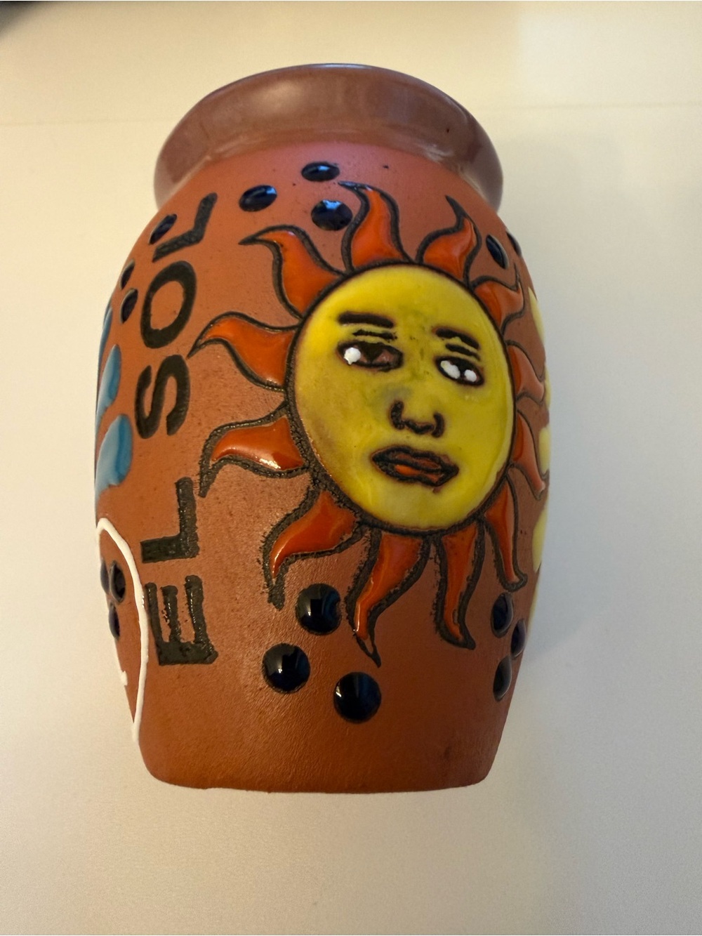 Hand Painted Mexican Terracotta Vase El Sol Sun Face Colorful Folk Art Decor